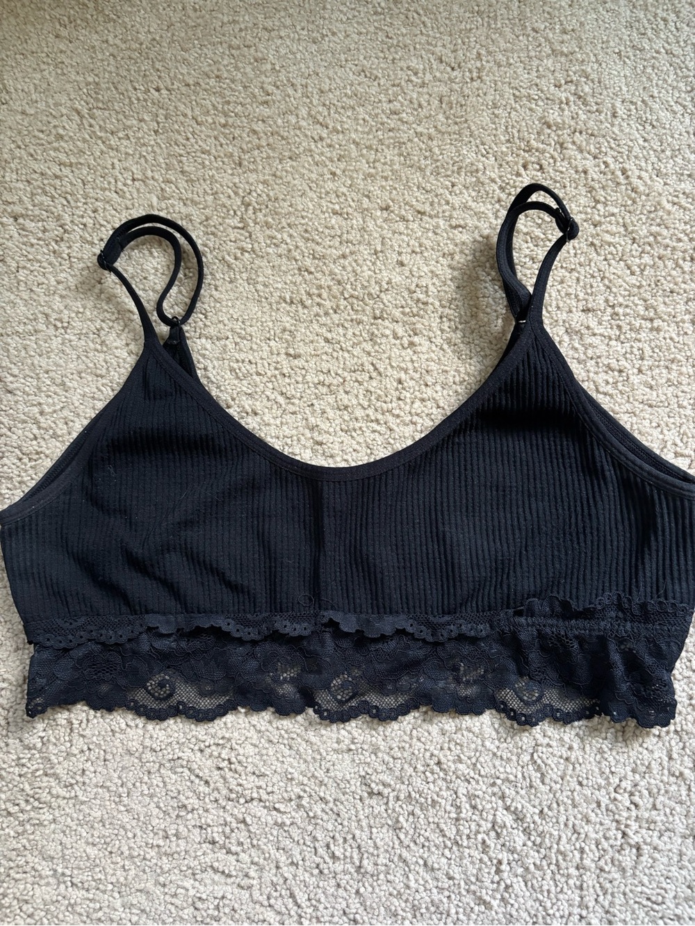 Black Lace-Trim Ribbed Bralette